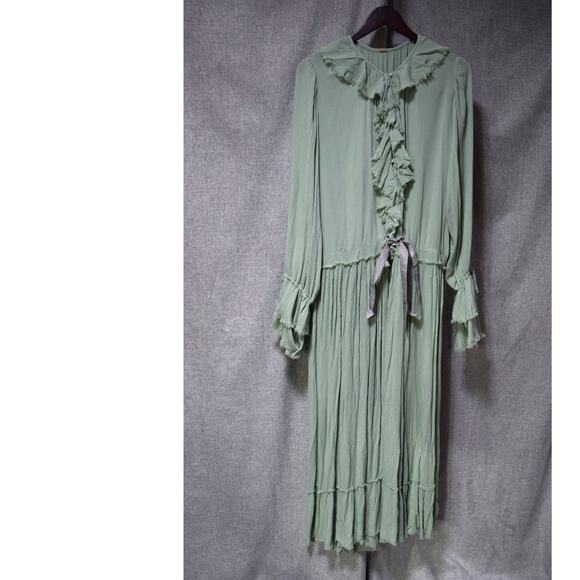 Free People Sage Green Ruffle Midi Dress Womens L - Picture 1 of 4